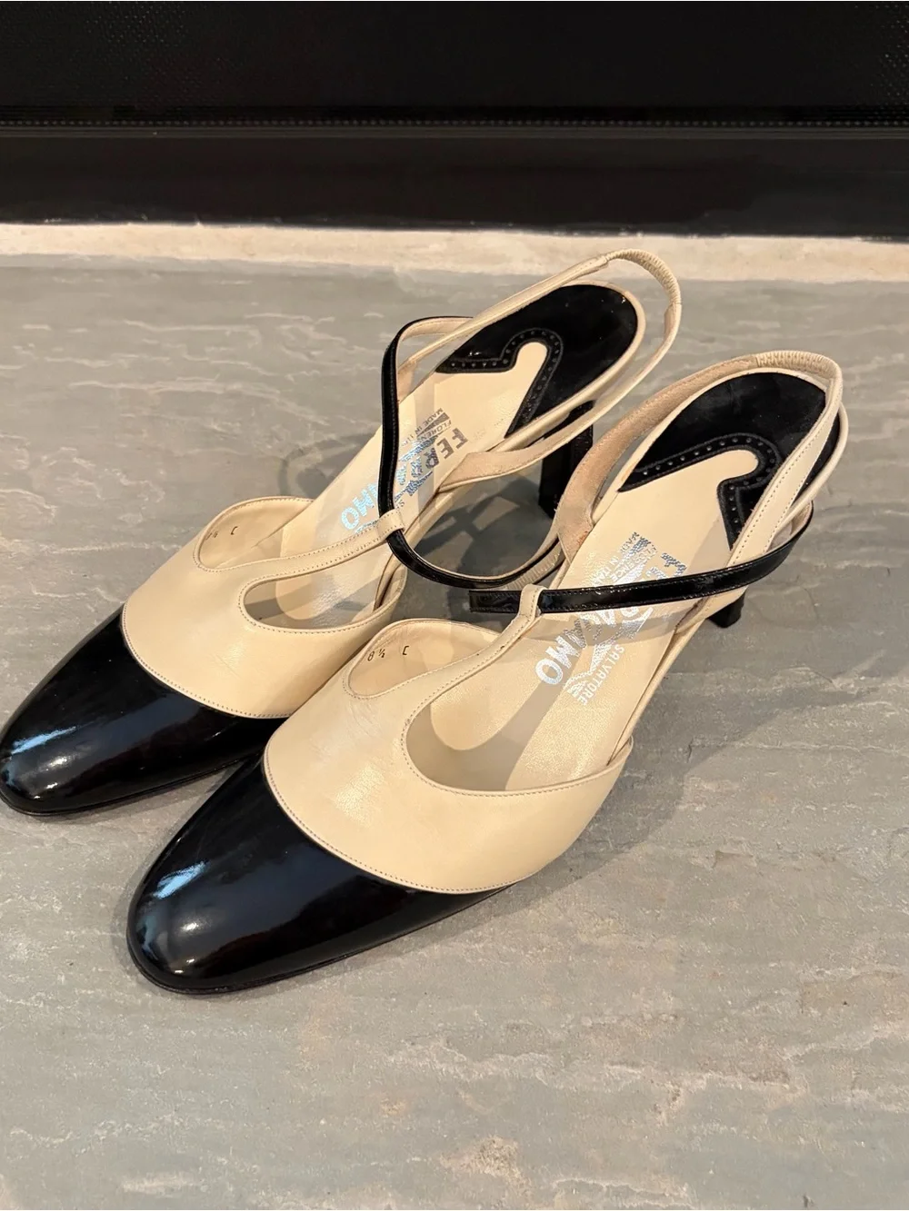 Salvatore Ferragamo Vintage Two-Tone T-Strap Slingback Heels - Picture 1 of 7